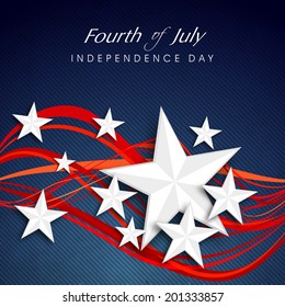 Shiny silver stars and red waves on blue background for 4th of July, American Independence Day celebrations. 