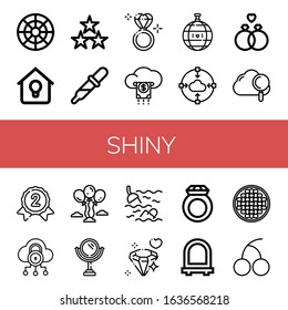 shiny simple icons set. Contains such icons as Color circle, Lighting, Stars, Drop, Diamond ring, Cloud, Disco ball, Wedding ring, Silver medal, can be used for web, mobile and logo