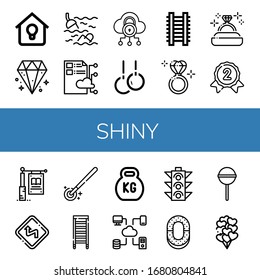 shiny simple icons set. Contains such icons as Lighting, Diamond, Sea, Cloud, Rings, Ladder, Diamond ring, Silver medal, Signage, Curves, can be used for web, mobile and logo