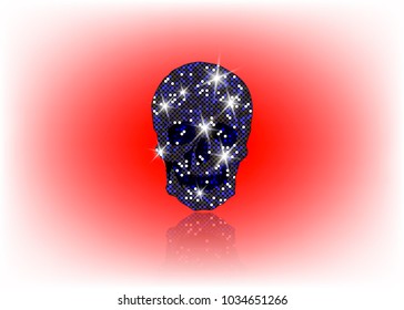 Shiny Skull of blue glittering stars . Blue gemstones and Diamond Skull element collection. Day of The Dead. Icon symbol fashion design luxury starry mosaic patterns, vector isolated or red background
