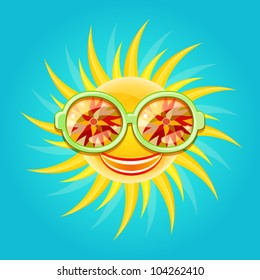 Shiny Smiling Yellow Sun Wearing Cool Glasses with Floral Pattern Reflection