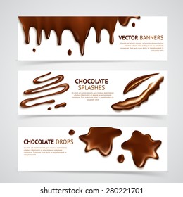 Shiny smooth delicious dark premium chocolate splashes and mouth watering drops banners set realistic isolated vector illustration