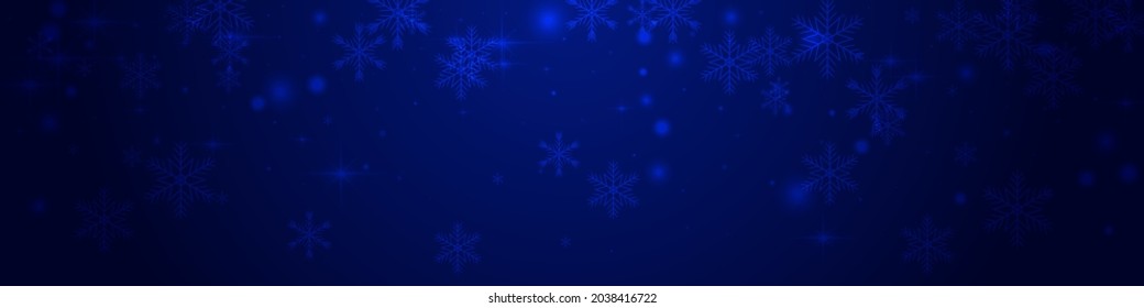 Shiny Snow Vector Pnoramic Blue Background. White Falling Snowfall Invitation. Shine Confetti Banner. Magic Stars Wallpaper.