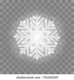 Shiny snowflake. Sparkling silver crystal snowflake with glitter texture for Christmas, New Year, winter greeting card, isolated on transparent background. Vector illustration