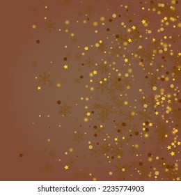 Shiny Snowflake Vector Brown Background. Golden Bokeh Dots Illustration. Xmas Snowfall Card. Minimal Stars Invitation.