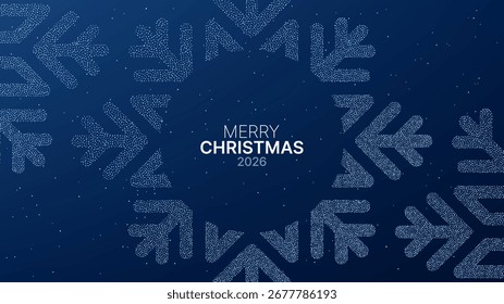 Shiny snowflakes and dots on a deep blue background with merry Christmas 2026 text. Winter holiday postcard and new year party banner.