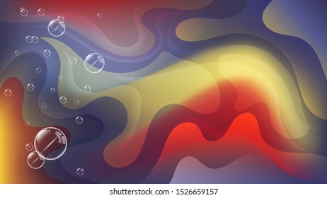 shiny soap bubbles of different sizes against the background of a mixture of bright colors and overlapping abstract shapes with smooth wavy edges. colorful art wallpaper. vector