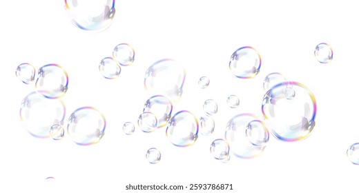 Shiny soap bubbles float against a black background, reflecting rainbow colors. Their glossy, translucent surfaces capture light, creating a mesmerizing visual effect.