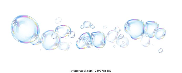 Shiny soap bubbles float against a black background, reflecting rainbow colors. Their glossy, translucent surfaces capture light, creating a mesmerizing visual effect.