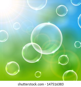 Shiny soap bubbles in the sun background, illustration