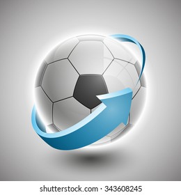 Shiny soccer ball with a dynamic arrow around waiting to be kicked,