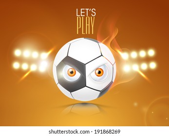 Shiny soccer ball with eyes on stadium with full lights at night. 