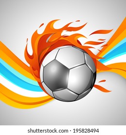 Shiny soccer ball in flame on colorful wave background for Soccer Championship League. 