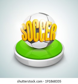 Shiny soccer ball with golden text with green stage on grey background.