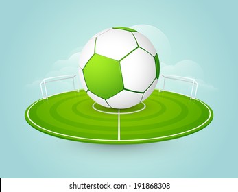 Shiny soccer ball with green ground stage on blue background. 
