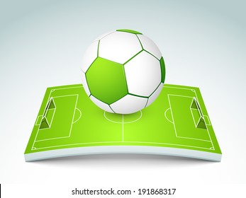 Shiny soccer ball with green stadium stage on grey background.