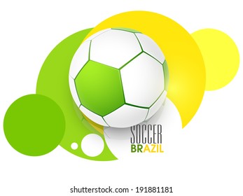 Shiny soccer ball on colourful abstract background with text.