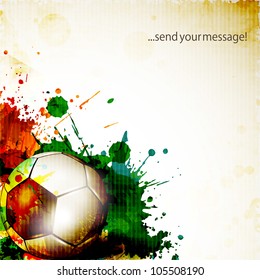 Shiny soccer ball on grungy colorful background and space for your message. EPS 10.