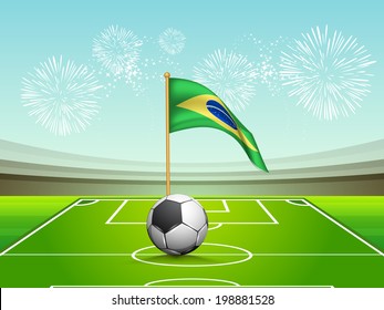 Shiny soccer ball on stadium with waving Brazilian Flag, celebration background. 