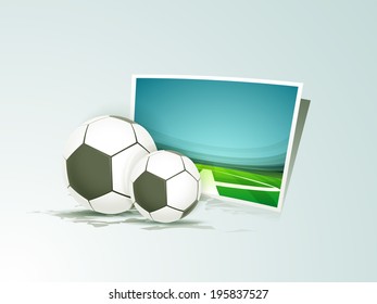 Shiny soccer balls and photographs of stadium on grey background concept for soccer league. 