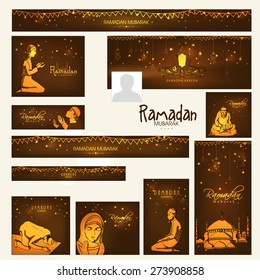 Shiny Social Media Ads Header Or Banner Set With Various Golden Islamic Elements For Holy Month Of Muslim Community, Ramadan Kareem Celebration.