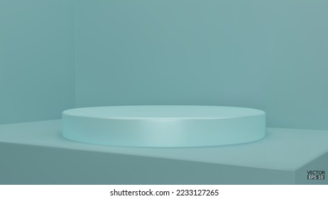 Shiny soft blue round pedestal on blue studio backdrops. Blank display or clean room for showing product. Minimalist mockup for podium display or showcase. 3D vector illustration.