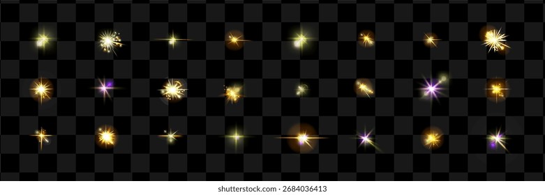 Shiny spark light set. Glimmer star sparkle effect