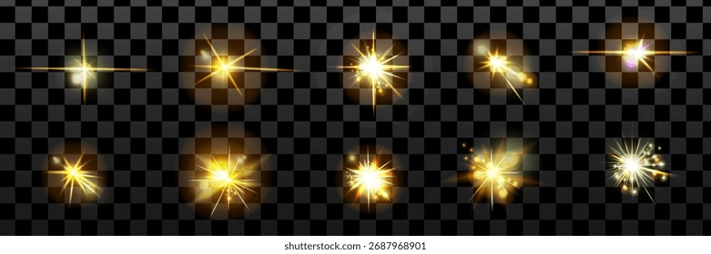 Shiny spark light set. Glimmer star sparkle effect