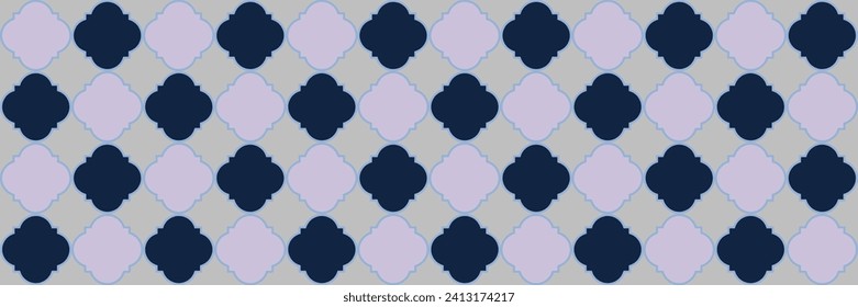 Das glänzende Muster. Silver Ottoman Mosaik. Modernes Geo Clover. Quatrefolien-Persische Ethnische Tesselung. Geometrisches Trellis-Tile. Traditionelles Nahost-Poster. Cool Oriental Muster.