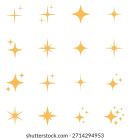 Glänzendes Funkelset. Sternpartikel, glitzernde Funkeln und magische Funkeln, einzelne Vektorsymbole.