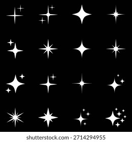 Glänzendes Funkelset. Sternpartikel, glitzernde Funkeln und magische Funkeln, einzelne Vektorsymbole.