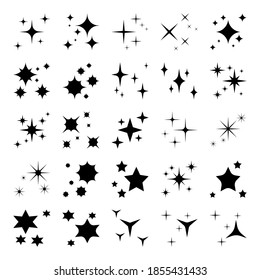 Shiny sparkles silhouettes. twinkle star particles, glitter sparkles and magic sparkle isolated silhouette icons set