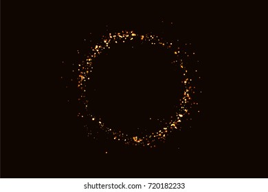 Shiny sparkling glowing circle. Round abstract element with glitter and star dust. Vector  ring frame with red, orange and yellow lightning particles.

