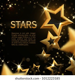 Shiny Sparkling Gold Stars On Black Abstract Holiday Magic Vector Background. Banner With Gold Shiny Magic Bright Star Illustration