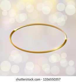 Shiny sparkling golden oval frame vector illustration. Glossy, glowing effect. Present for engagement, Valentine s Day. Jewelry boutique, gift shop, store. Wedding, marriage proposal poster idea