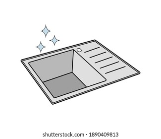 Shiny sparkling kitchen sink icon with stars. Outline isolated vector illustration on white background.