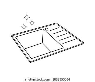 Shiny sparkling kitchen sink with stars. Outline and transparent vector icon. Isolated illustration on white background.