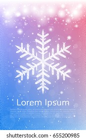 Shiny sparkling snowflake cover. Bright christmas banner. Shimmering holiday card. Vector illustration.