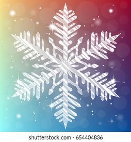 Shiny sparkling snowflake on bright christmas background. Shimmering holiday card. Vector illustration.