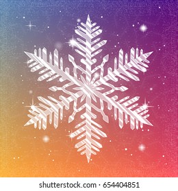 Shiny sparkling snowflake on bright christmas background. Shimmering holiday card. Vector illustration.