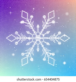 Shiny sparkling snowflake on bright christmas background. Shimmering holiday card. Vector illustration.