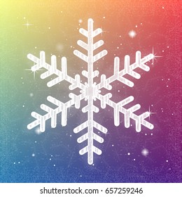 Shiny sparkling snowflake on bright christmas background. Shimmering holiday card. Vector illustration.