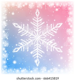Shiny sparkling snowflake on bright christmas background. Shimmering holiday card. Vector illustration.