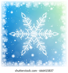 Shiny sparkling snowflake on bright christmas background. Shimmering holiday card. Vector illustration.