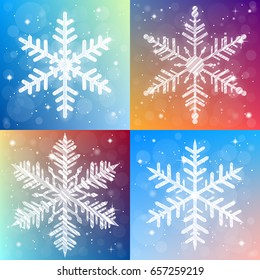 Shiny sparkling snowflake set on bright christmas background. Shimmering holiday cards collection. Vector illustration.