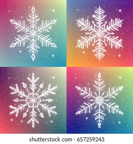 Shiny sparkling snowflake set on bright christmas background. Shimmering holiday cards collection. Vector illustration.