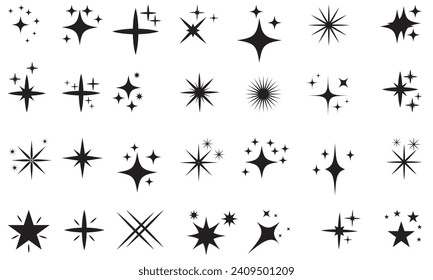 Shiny sparks icon. Set of twinkling stars vector. Minimalist twinkle star shape symbols. Twinkling spark and burst icons set. Modern geometric elements, shining star icon set. 