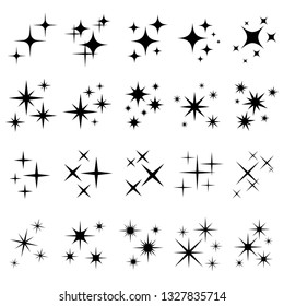 Shiny sparks silhouettes. Twinkle star particles, glitter sparkles and magic sparkle. Party sparks, festive sparkle burst or shine glitter starburst. Isolated silhouette vector icons set