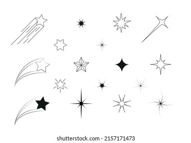 Schlaue funkelt Silhouetten. Zaubersternpartikel, glitzernde Funkeln und magisches Funkeln einzeln auf Silhouettensymbole setzen. Set von Sternschaukeln und funkelndem Cartoon.