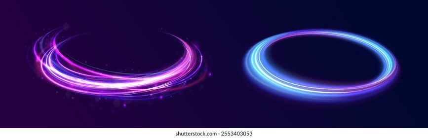 Shiny sparks of spiral wave. Png shine round frame with light circles light effect. Semicircular wave, light trail curve swirl, incandescent optical fiber vector, png, effect, wave,neon,line.